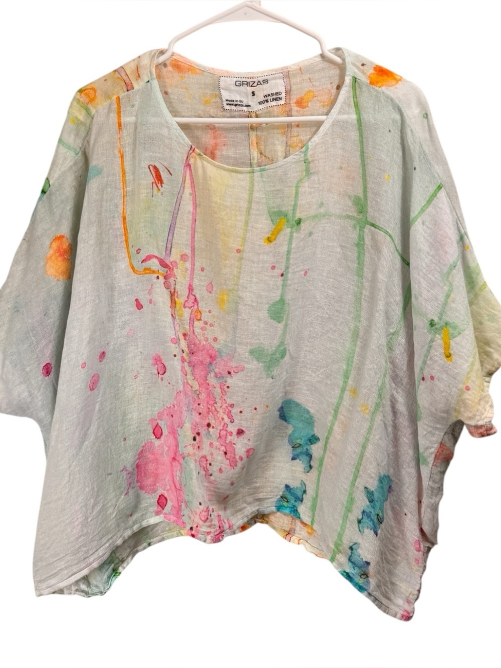 Grizas Size Small Washed Linen Gauzy Paint Splashed Boxy Art to Wear Top